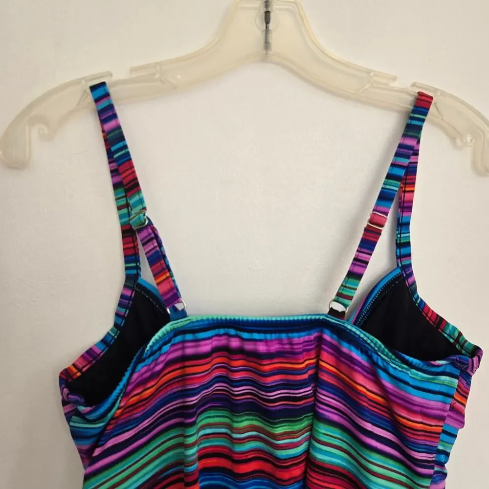 NWT Miraclesuit Rio Tankini Top Swim Rainbow Striped Underwire Slimming Women 10